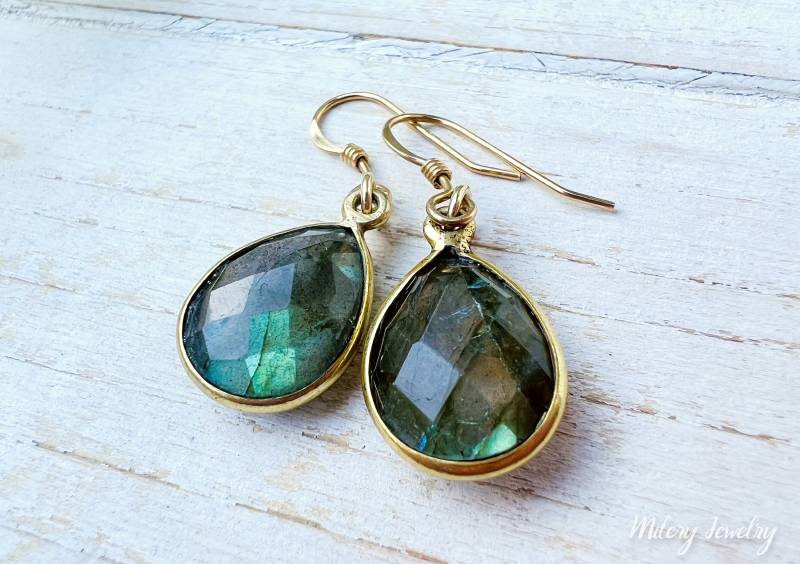 Labradorit Gold Vermeil Ohrringe, 14K Filled, Bezel Zierliche Vermeil, Braut Geschenk von Milery