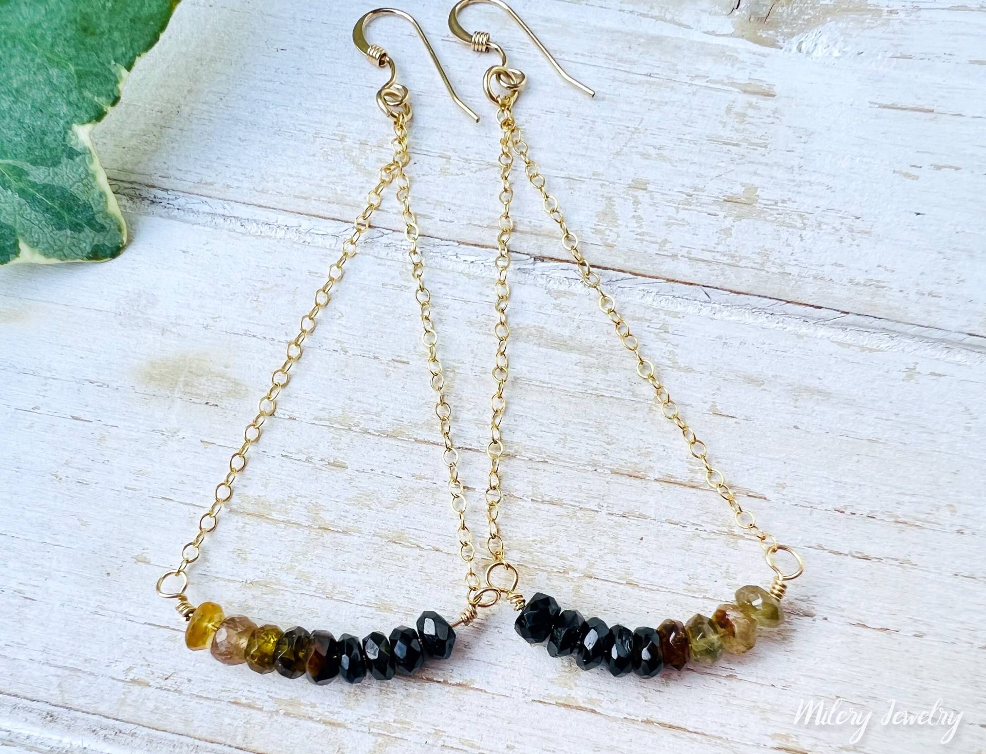 Multi Farbe Turmalin Ombre Rondelle Edelstein, Gold Ohrringe 14K Filled, Ombre, Tropfen Ohrringe von Milery