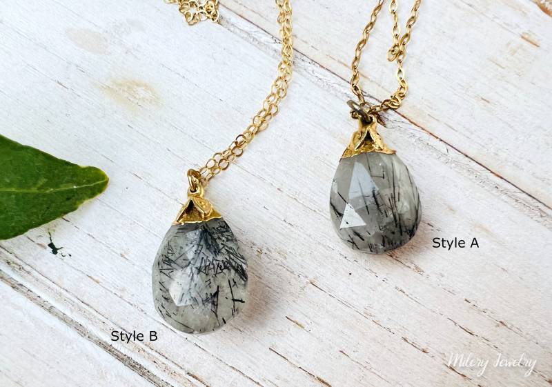 Rutilquarz Anhänger, 14K Gold Filled, Schwarzer Turmalin, Weiß Quarz Edelstein, Vermeil, Ooak, Zierlich, Layering von Milery