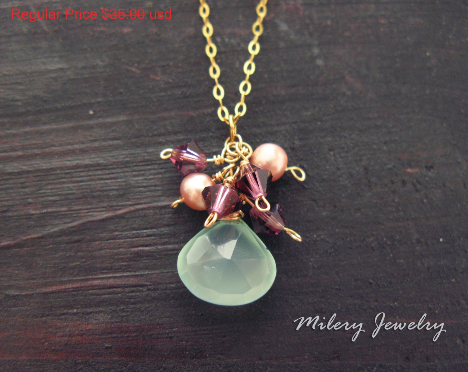 Sale Aqua Chalcedon, Süßwasserperle, Swarovski Amethyst Cluster Anhänger Halskette, 14K Gold Gefüllt, Oktober Geburtsstein, Charm von Milery