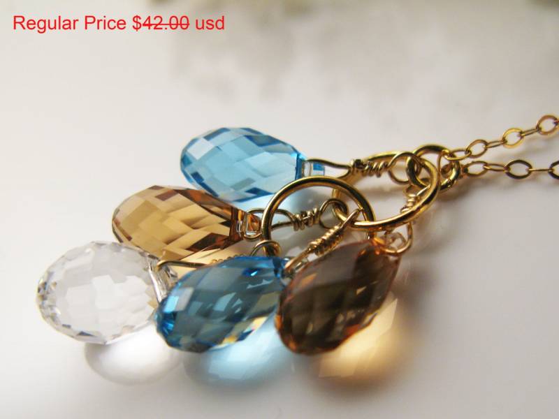 Sale Multi-Quarz, Aquamarin, Swarovski-Cluster-Charm, Halskette Mit Anhänger, 14 Karat Gold Gefüllt, März-Geburtsstein, Cluster-Charm von Milery