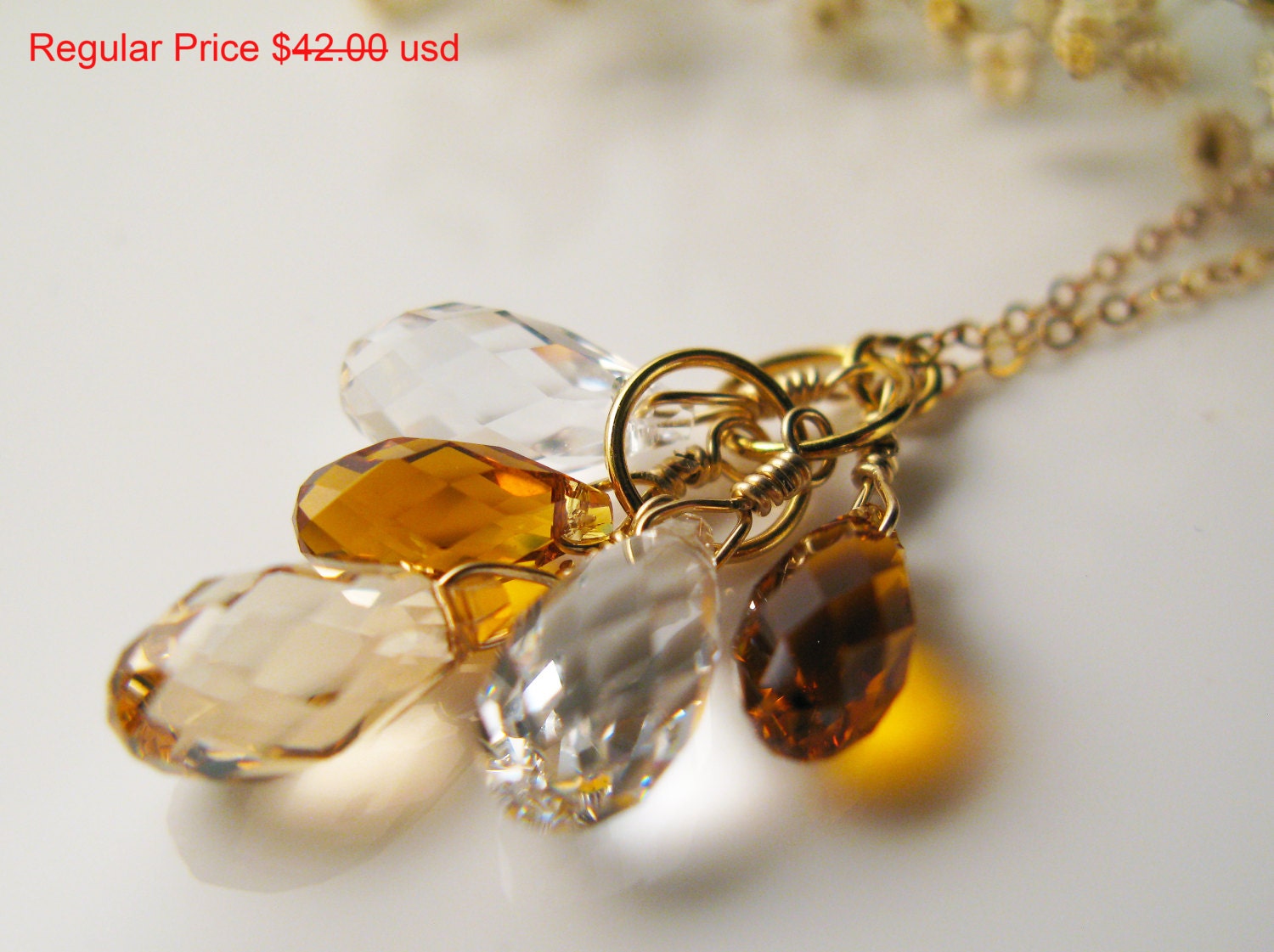 Sale Multi Quarz, Topas, Swarovski, Cluster Charm Anhänger Halskette, 14K Gold Filled, Rauchtopas, Citrin Topas von Milery