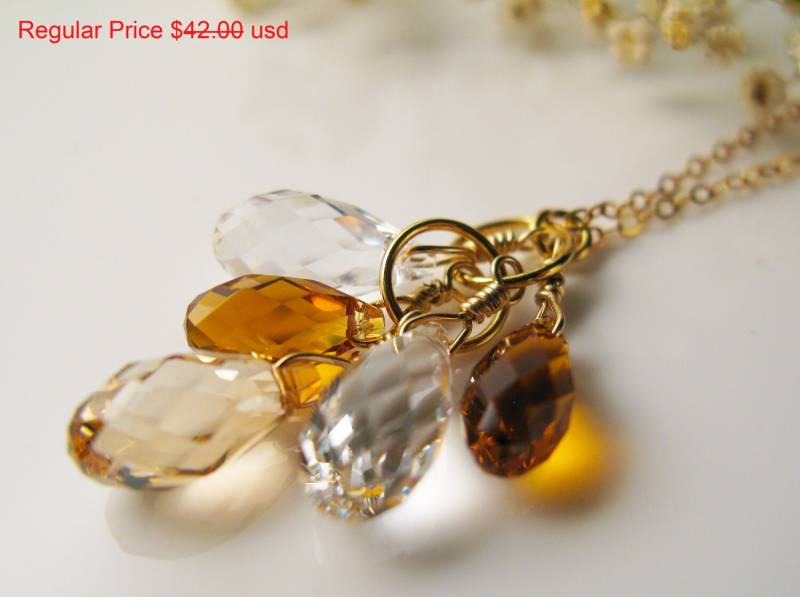 Sale Multi Quarz, Topas, Swarovski, Cluster Charm Anhänger Halskette, 14K Gold Filled, Rauchtopas, Citrin Topas von Milery