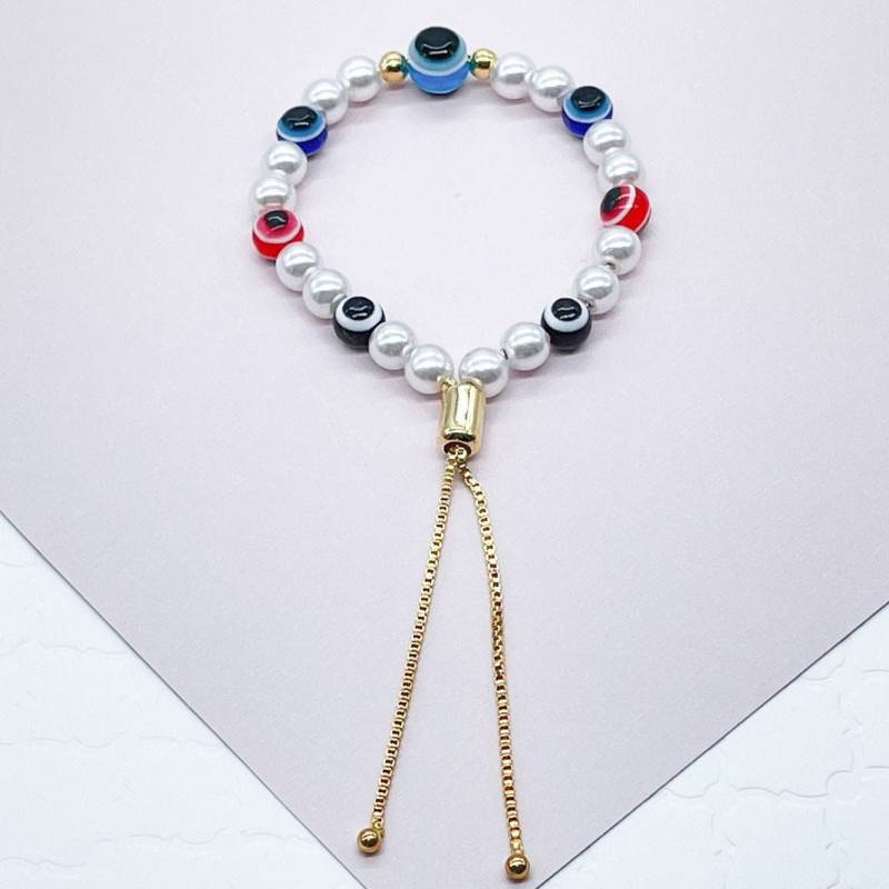 18K Gold Filled Evil Eye & Pearl Verstellbares Armband Mit Schiebeverschluss von MilieJewels