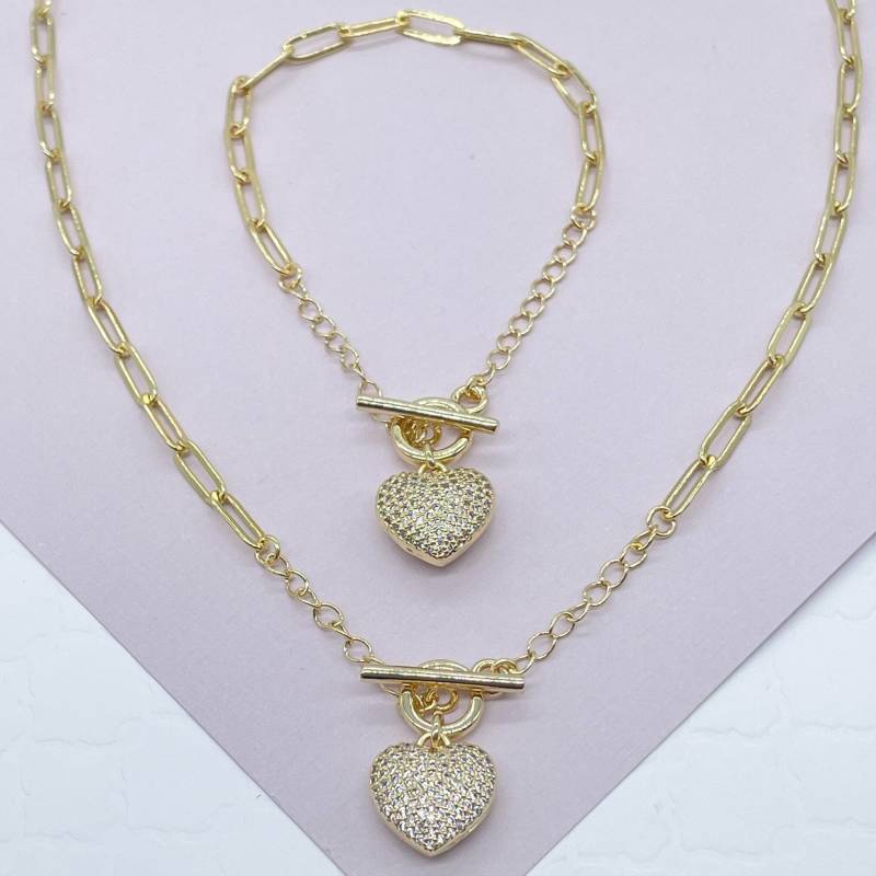 18K Gold Filled Paper Clip-Kette Mit Puffy Heart Voll Pave Zirkonia Set Armband-Halskette Knebelverschluss von MilieJewels