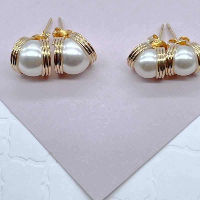18K Gold Gefüllte Perlen-Bolzen-Seite Umwickelt Mit Golddraht-Reifen-Detail, Kleine Und Mittlere Größe Erhältlich von MilieJewels