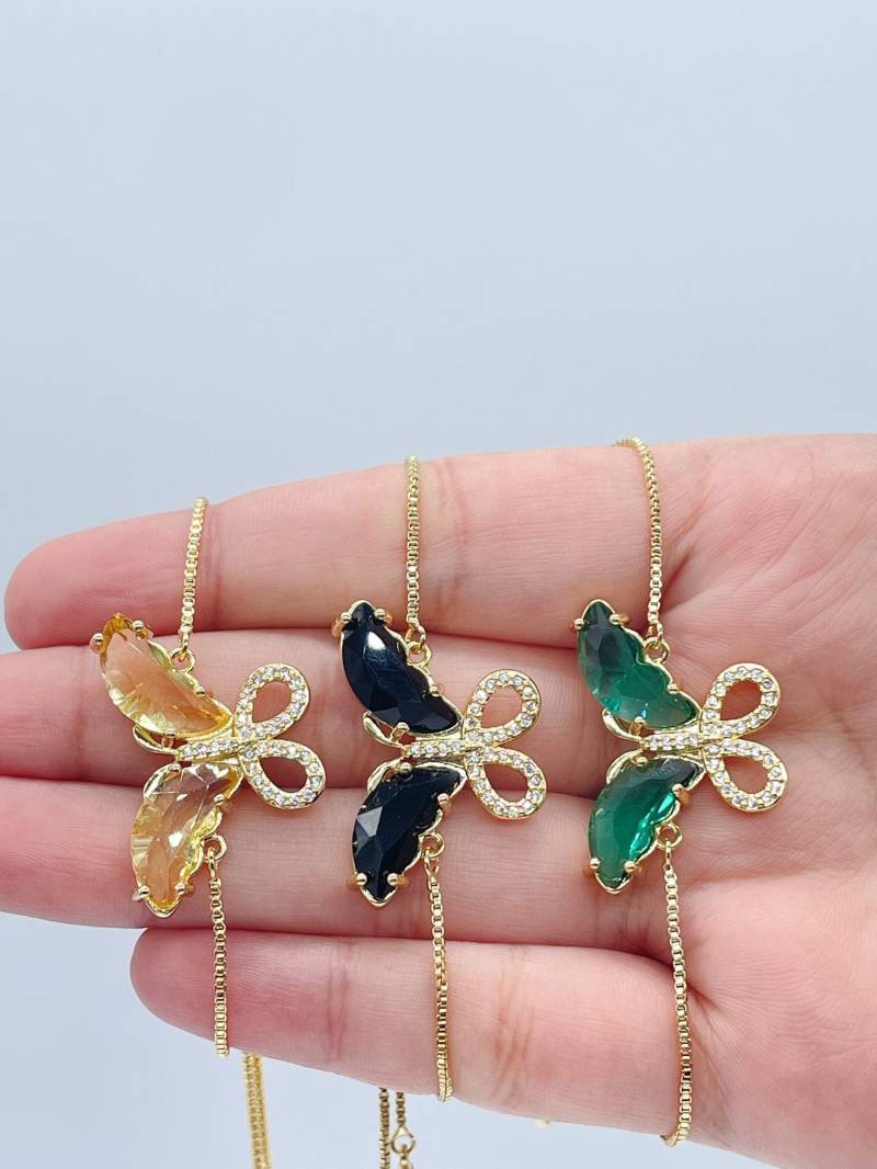 18K Gold Gefüllt Klare Mikro Pave Zirkonia Und Bunte Cz Schmetterling Verstellbare Armband, Schiebeverschluss von MilieJewels