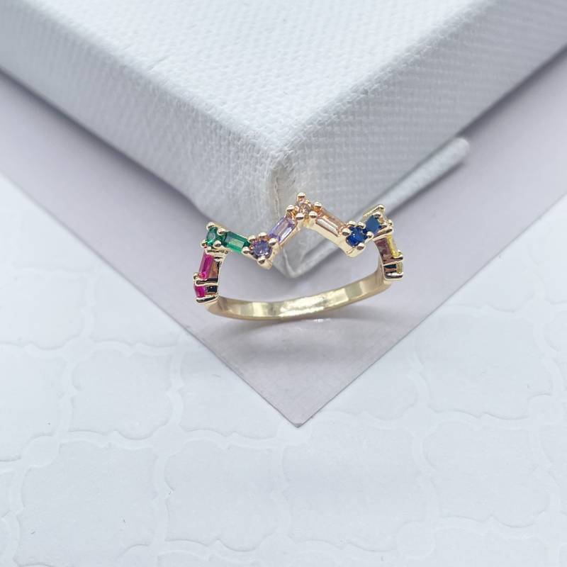 18K Gold Gefüllt Zig Zag Multi Color Micro Pave Zirkonia Steine Ring, Stapelbar Cz Ring Band von MilieJewels