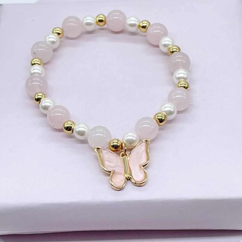 18K Gold Filled Bunte Naturstein-Perlenarmbänder Mit Bunten Schmetterlings-Charm-stapelbare Armbänder von MilieJewels