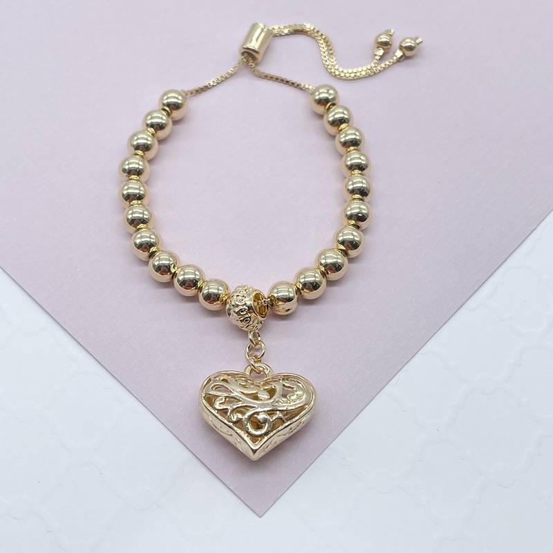 18K Gold Gefülltes Perlen-Armband Mit Gemustertem Durchsichtigem Herz Ausgefallener Anhängeröse Und Schiebeverschluss von MilieJewels