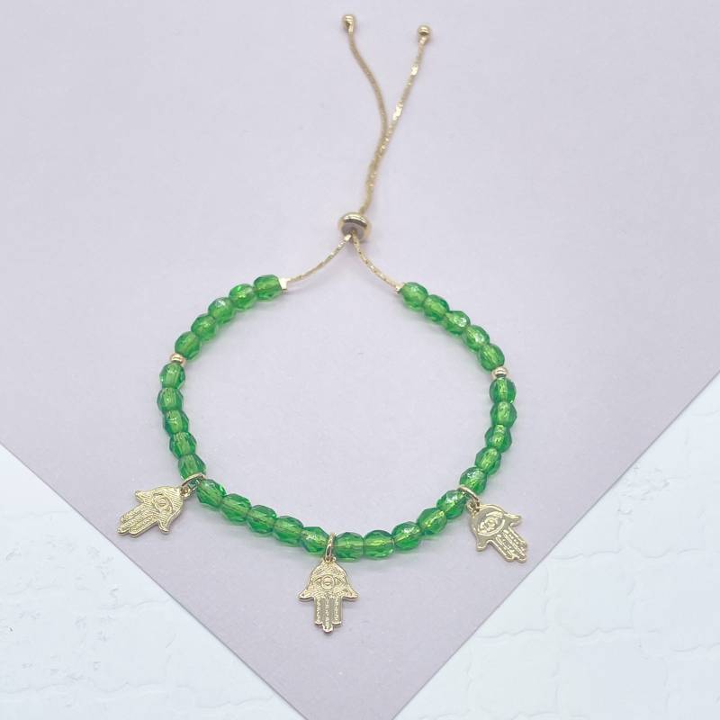 Schiebeverschluss 18K Gold Gefüllt Bunte Perlen Und Hamsa Bettelarmband, Schutz Einstellbar Zierliches Armband von MilieJewels