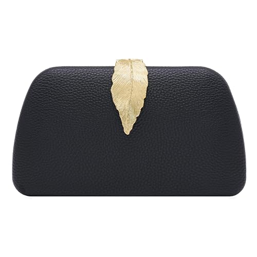 Milisente Clutch Damen, Elegant Kette Abendtasche Tasche Für Samt Mit Blatt Schnalle Verschluss Hochzeit Handtasche(Leder schwarz) von Milisente