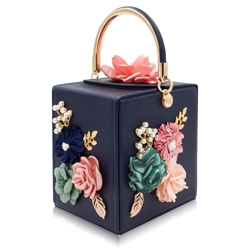 Milisente Damen Abend Clutch-Bag für Floral Square Box-Abend-Beutel Crossbody Schulter Handtaschen Blumen-Hochzeit Kupplungs-Geldbeutel Mittel Blau von Milisente