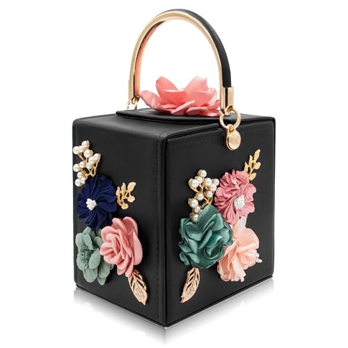 Milisente Damen Abend Clutch-Bag für Floral Square Box-Abend-Beutel Crossbody Schulter Handtaschen Blumen-Hochzeit Kupplungs-Geldbeutel Mittel Schwarz von Milisente