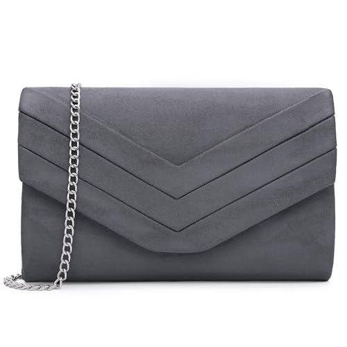 Milisente Damen Clutch, Wildleder Abendtasche Hochzeit Tasche Clutch Bag Elegante Umschlag Crossbody Schultertasche klein Umhängetasche (Grau) von Milisente