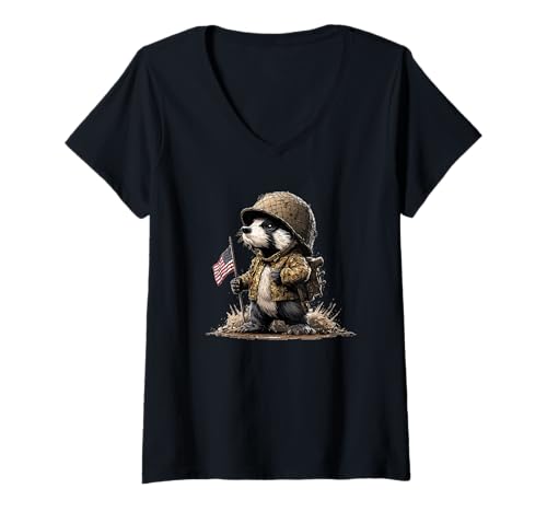 Damen Amerika Dachs Kostüm für USA und Militär Liebhaber T-Shirt mit V-Ausschnitt von Military Badger Outfit