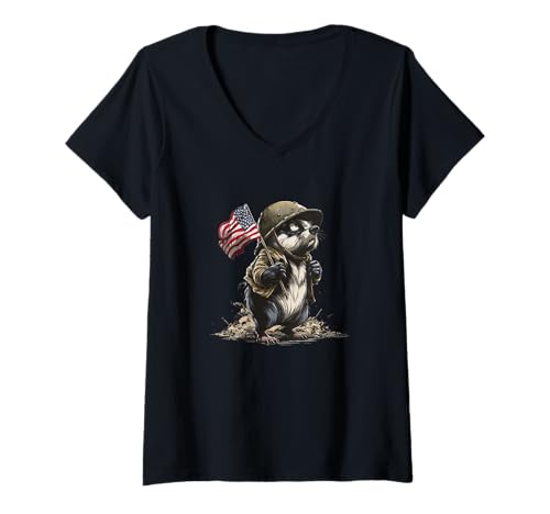 Damen Cooler patriotischer Dachs in USA-Farben T-Shirt mit V-Ausschnitt von Military Badger Outfit