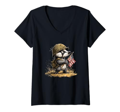 Damen Militärhelm mit USA Dachs Kostüm T-Shirt mit V-Ausschnitt Damen Militärhelm mit USA Dachs Kostüm T-Shirt mit V-Ausschnitt von Military Badger Outfit