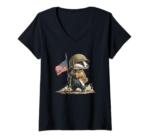 Damen Toller Dachs im Militär-Look für Helmliebhaber T-Shirt mit V-Ausschnitt Damen Toller Dachs im Militär-Look für Helmliebhaber T-Shirt mit V-Ausschnitt von Military Badger Outfit