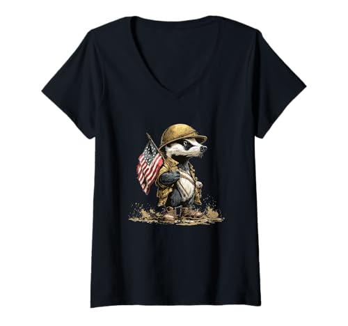 Damen USA Dachs Kostüm für Militär und Schlachtfeldliebhaber T-Shirt mit V-Ausschnitt von Military Badger Outfit