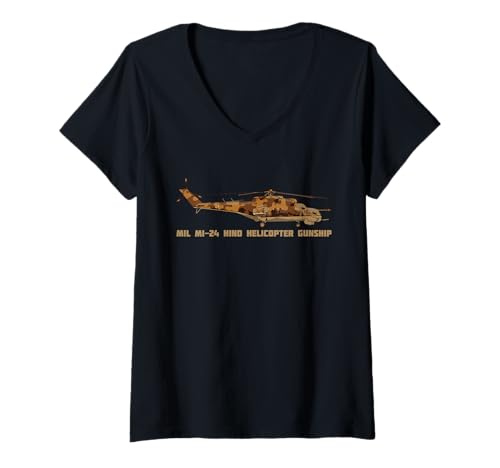 Damen Russischer HIND Hubschrauber T-Shirt Geschenk Mil Mi 24 Illustration T-Shirt mit V-Ausschnitt von Military Battlefield Helicopter Shirts by Maljonic