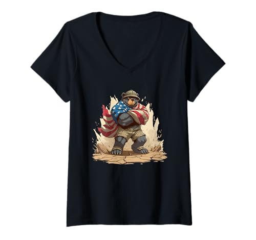 Damen Fight Bear in America Farben und Umhang für Mann und Frau T-Shirt mit V-Ausschnitt von Military Bear Outfit