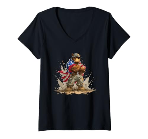Damen Grumpy Military Bear Look mit USA Umhang Kostüm T-Shirt mit V-Ausschnitt von Military Bear Outfit
