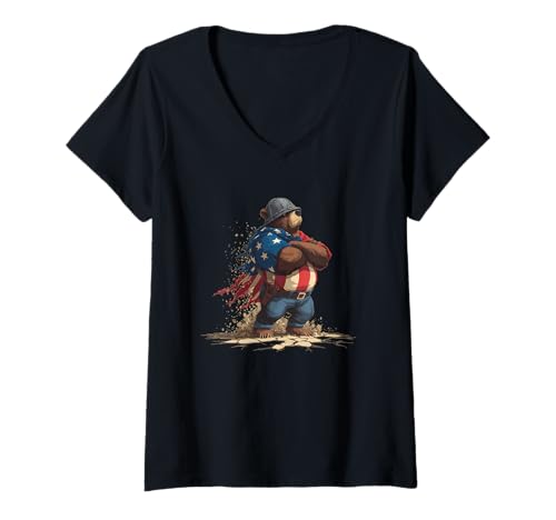 Damen Heldenbär mit Amerika-Umhang für USA-Bären-Liebhaber T-Shirt mit V-Ausschnitt von Military Bear Outfit