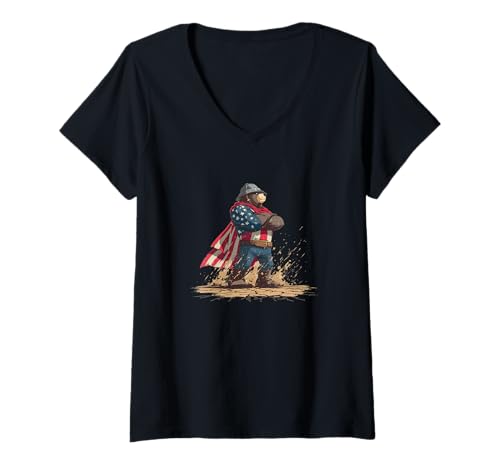 Damen Starkes patriotisches Bärenkostüm mit USA-Farben T-Shirt mit V-Ausschnitt von Military Bear Outfit