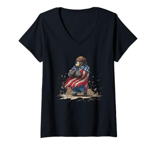 Damen Tolles USA-Bär-Kostüm T-Shirt mit V-Ausschnitt von Military Bear Outfit