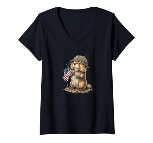 Damen Hübscher Biber im Militär-Look mit USA-Farben Kostüm T-Shirt mit V-Ausschnitt Damen Hübscher Biber im Militär-Look mit USA-Farben Kostüm T-Shirt mit V-Ausschnitt von Military Beaver Outfit
