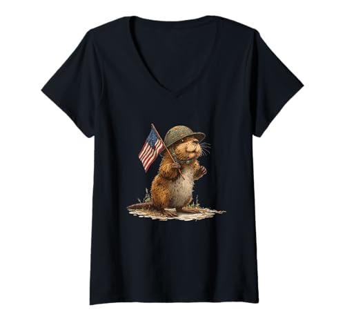 Damen Hübsches Biber-Kostüm im patriotischen Look für US-Kleidung T-Shirt mit V-Ausschnitt Damen Hübsches Biber-Kostüm im patriotischen Look für US-Kleidung T-Shirt mit V-Ausschnitt von Military Beaver Outfit