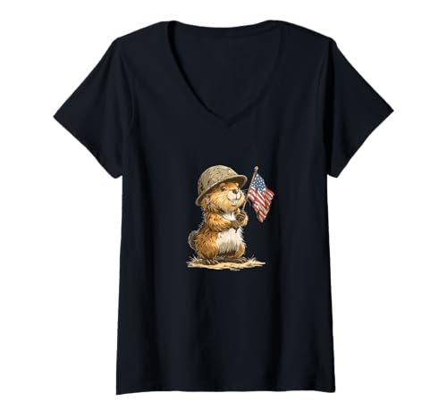 Damen Patriotischer Biber mit Amerika Farben Kostüm T-Shirt mit V-Ausschnitt von Military Beaver Outfit