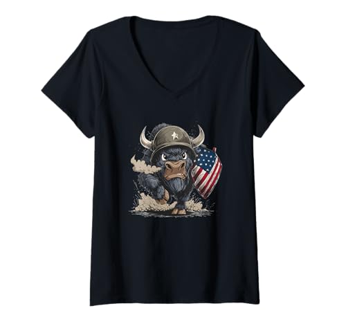 Damen Big Bison Soldat Kostüm für USA Farben und Schild-Liebhaber T-Shirt mit V-Ausschnitt von Military Bison Outfit