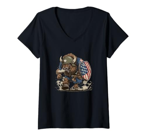 Damen Bison America Schild Kostüm für militärische Farbliebhaber T-Shirt mit V-Ausschnitt Damen Bison America Schild Kostüm für militärische Farbliebhaber T-Shirt mit V-Ausschnitt von Military Bison Outfit