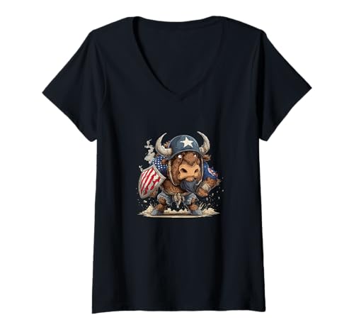 Damen Lustiger Soldat Bison mit Schild für Militärliebhaber T-Shirt mit V-Ausschnitt von Military Bison Outfit