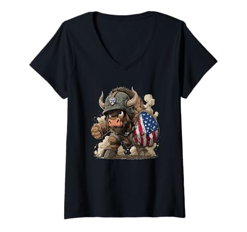Damen Militär-Bison mit Amerika-Farben für Mann und Frau T-Shirt mit V-Ausschnitt Damen Militär-Bison mit Amerika-Farben für Mann und Frau T-Shirt mit V-Ausschnitt von Military Bison Outfit