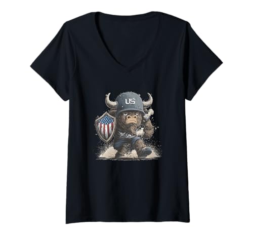 Damen Nettes Bison mit USA-Schild und Helm Kostüm T-Shirt mit V-Ausschnitt Damen Nettes Bison mit USA-Schild und Helm Kostüm T-Shirt mit V-Ausschnitt von Military Bison Outfit