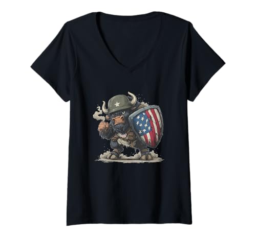 Damen Patriotischer Bison mit Amerika-Schild für Battlefield-Liebhaber T-Shirt mit V-Ausschnitt Damen Patriotischer Bison mit Amerika-Schild für Battlefield-Liebhaber T-Shirt mit V-Ausschnitt von Military Bison Outfit