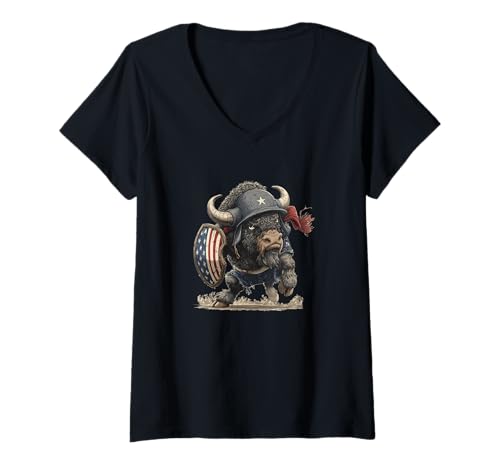 Damen Patriotisches Bison in Amerika Farben Kostüm T-Shirt mit V-Ausschnitt Damen Patriotisches Bison in Amerika Farben Kostüm T-Shirt mit V-Ausschnitt von Military Bison Outfit