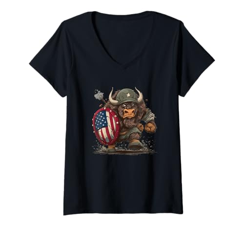 Damen Starkes Bison Battlefield Kostüm für einen US-Militär-Look T-Shirt mit V-Ausschnitt von Military Bison Outfit