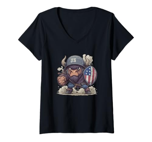 Damen Tolles USA-Bison-Kostüm für Schlachtfeld- und Schildliebhaber T-Shirt mit V-Ausschnitt Damen Tolles USA-Bison-Kostüm für Schlachtfeld- und Schildliebhaber T-Shirt mit V-Ausschnitt von Military Bison Outfit