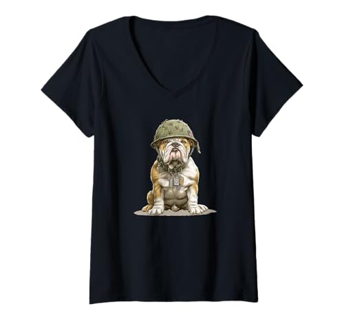 Damen Lustiges Bulldoggen-Kostüm mit Militärhelm für Mann und Frau T-Shirt mit V-Ausschnitt Damen Lustiges Bulldoggen-Kostüm mit Militärhelm für Mann und Frau T-Shirt mit V-Ausschnitt von Military Bulldog Outfit