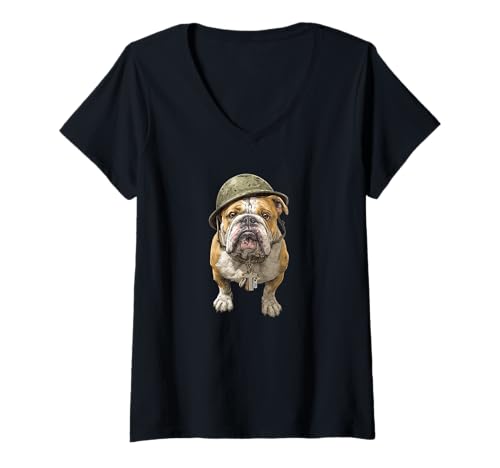 Damen Süßes Soldat Bulldogge Gesicht mit Helm für Battlefield Fans T-Shirt mit V-Ausschnitt Damen Süßes Soldat Bulldogge Gesicht mit Helm für Battlefield Fans T-Shirt mit V-Ausschnitt von Military Bulldog Outfit