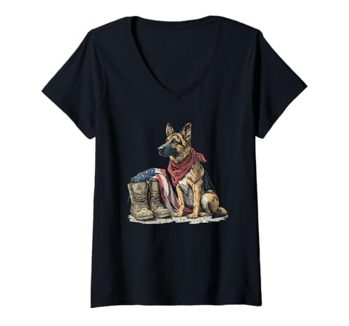 Damen Cooler Hund mit Amerika Kleidung für Mann und Frau T-Shirt mit V-Ausschnitt von Military Dog Outfit