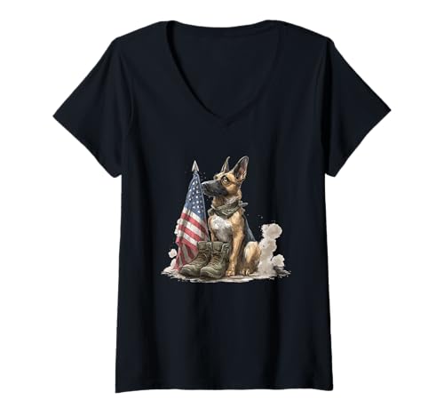 Damen Cooler Hund mit Militärausrüstung in USA-Farben T-Shirt mit V-Ausschnitt Damen Cooler Hund mit Militärausrüstung in USA-Farben T-Shirt mit V-Ausschnitt von Military Dog Outfit