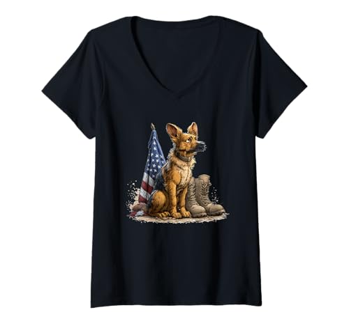 Damen Schönes Battlefield-Hundekostüm mit USA-Farben T-Shirt mit V-Ausschnitt Damen Schönes Battlefield-Hundekostüm mit USA-Farben T-Shirt mit V-Ausschnitt von Military Dog Outfit