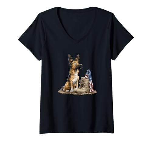 Damen Symbolisches Militär-Hundekostüm mit Schlachtfeldschuhen T-Shirt mit V-Ausschnitt Damen Symbolisches Militär-Hundekostüm mit Schlachtfeldschuhen T-Shirt mit V-Ausschnitt von Military Dog Outfit