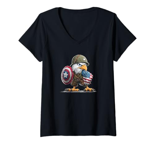 Damen Netter Cartoon-Adler im Militäranzug mit US-Schild T-Shirt mit V-Ausschnitt von Military Eagle Outfit