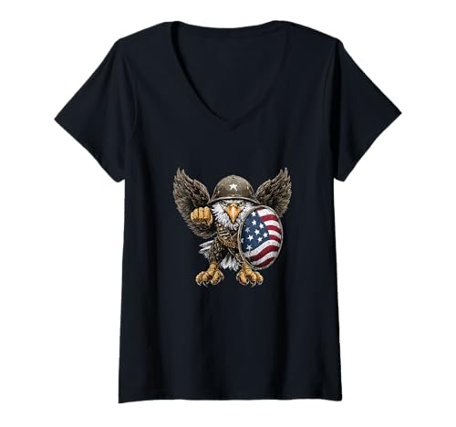 Damen Patriotisches Schild Kostüm mit Soldat Adler Kostüm für USA T-Shirt mit V-Ausschnitt von Military Eagle Outfit